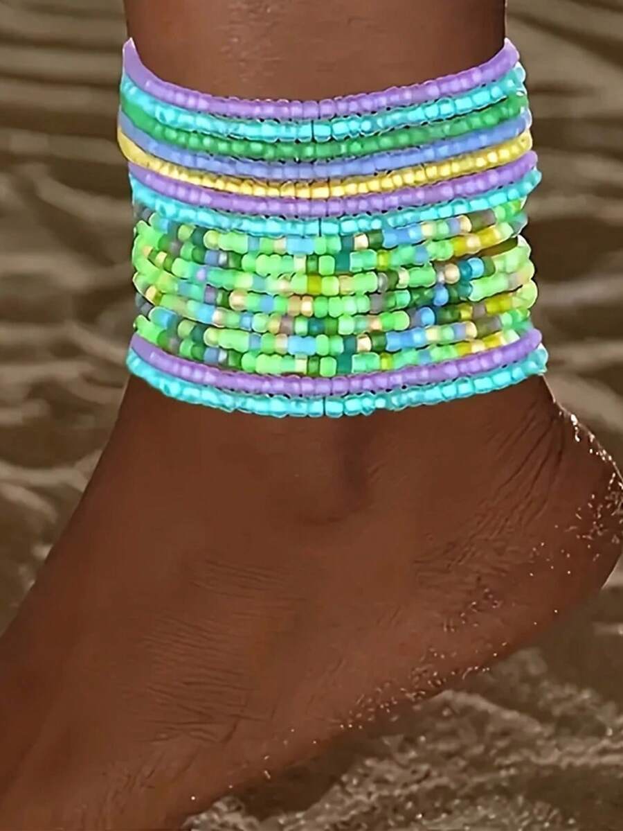 Set de 10 piezas de tobilleras elásticas de estilo bohemio y coloridas, adecuadas para hombres, mujeres, playa, fiesta, uso diario, regalo exquisito - Multicolor - Ver 1