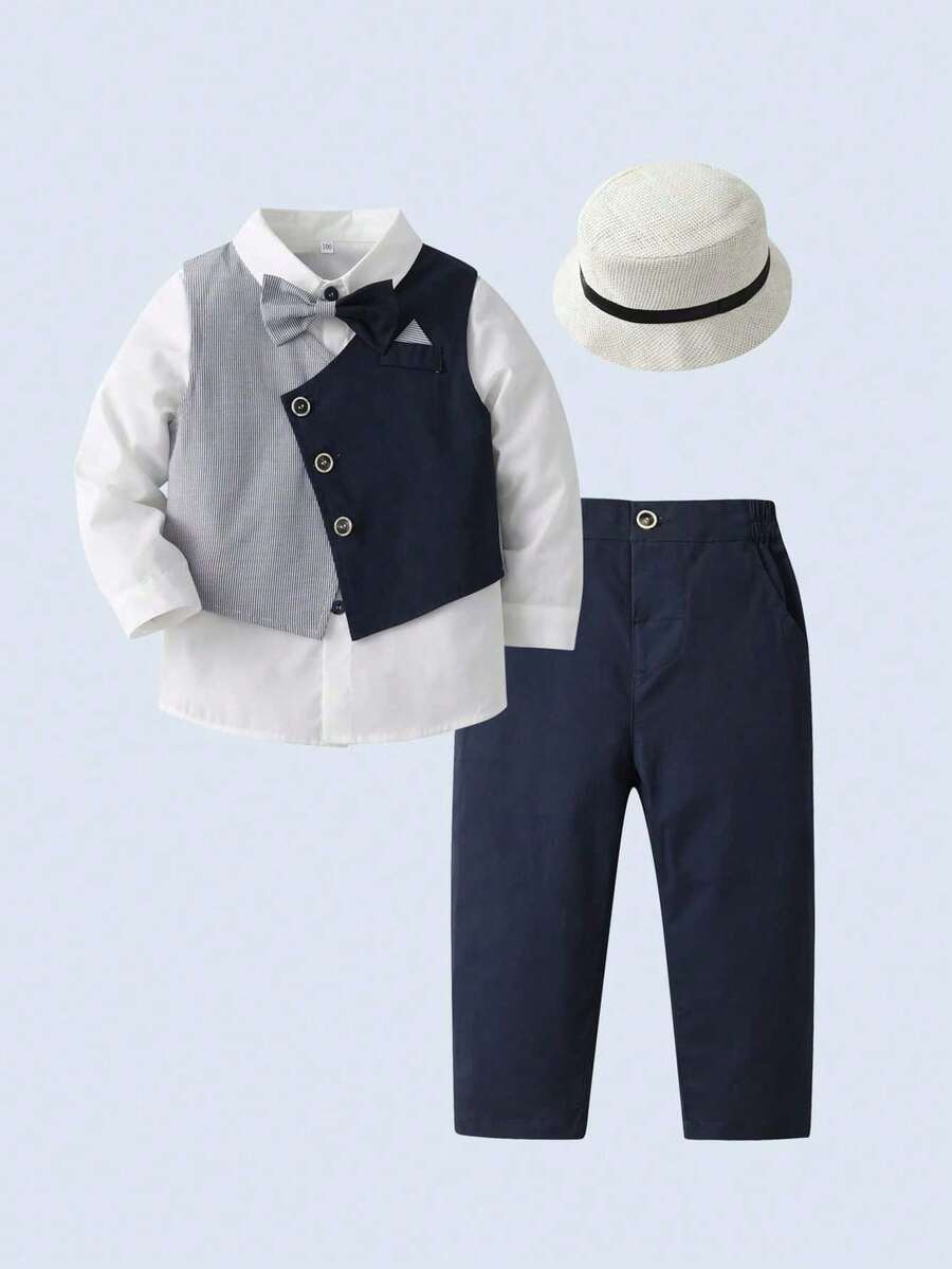 BOARNSEORL 4 pezzi Set abbigliamento da gentiluomo per neonati maschi: camicia bianca a maniche lunghe, gilet con fiocco, pantaloni, cappello, adatto per matrimoni, feste di 1° compleanno, Capodanno, eventi natalizi