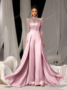 Faeriesty Elegant Satin Jumpsuit With Glittering Sequin Embroidery & Floor-Length Trail | Luxury Evening Wear For Black Tie Galas, Weddings, Formal Events