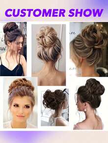 Human Hair Messy Bun Extension Tail 1PC Messy Hair Bun Hair Scrunchies Extension With Fringe Curly Wavy Chignon For Women Wedding Tousled Updo Hairpiece Light Brown - S27 - View 8