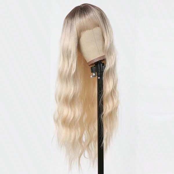 Long Blonde Wig With Bangs Ombre Brown To Blonde Curly Wavy Wig For Women Synthetic Heat Resistant Fiber Wig For Daily Party Use,Especially Easy For New Hair Users