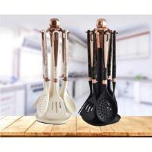 7 pièces d'ustensiles de cuisine en silicone antiadhésif, incluant un support de rangement, un set de cuisine avec spatule et cuillère à motif diamant, un coffret cadeau, incluant spatule, cuillère, et ustensile à spaghettis