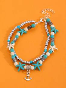 1 Stück modischer, vintage Mehrschicht-Fußkette mit Türkis, Muschel, Reisperlen, geeignet für Männer und Frauen, Strand Urlaub Party Accessoire