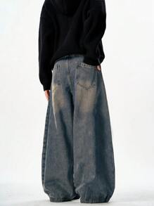 1 pieza Pantalones vaqueros anchos y holgados para hombre con efecto desgastado y lavado vintage, estilo casual y de moda estadounidense