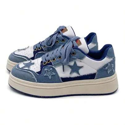 Tenis de mezclilla de suela gruesa para mujer, zapatos de lona con estrellas, zapatos casuales de estudiante de moda de estilo Hong Kong de primavera 2025