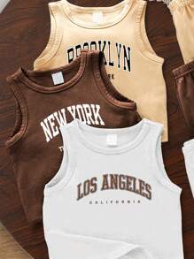 Set da 6 pezzi per neonato maschio, vestiti casual estivi con maglietta a girocollo e pantaloncini con stampa delle città Los Angeles, New York e Brooklyn