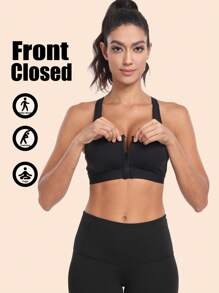 1 pièce Soutien-gorge de sport classique pour femme, couleur unie sexy, tricoté, fermeture métallique devant, confortable sans fil avec un soutien à fort impact, absorbant la transpiration, adapté pour toutes les saisons
