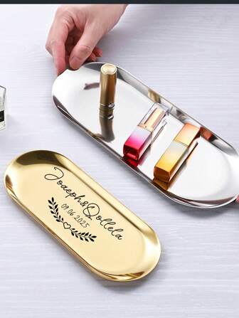 صينية بيضاوية مصنوعة من الفولاذ المقاوم للصدأ قابلة للتخصيص، منظم تخزين المجوهرات بنمط صلب، صينية للحمام والمستحضرات الصحية، صينية تقديم الأطباق الصينية الصغيرة، مناسبة للعطلات والشاطئ والحمام والغرفة، سعة كبيرة، رومانسية رقيقة