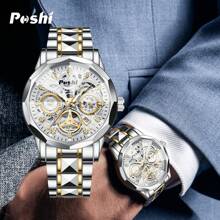 Men's Sport Watch - Official Authorized By POSHI Multifunctional Chronograph With 30M Waterproof & Luminous Nightlight, Stainless Steel Band, 2-Year Warranty For Business, Gym & Casual (2 Colors)