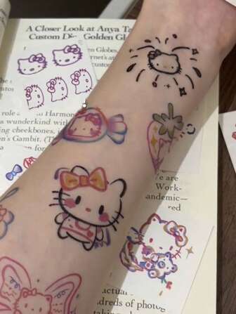 Sanrio Sanleo 24pcs/46pcs Cartoon Hello Kittys Kuromis I Cinnamorolls Melody Cinnamorolls Little Cat Anime Waterproof Tattoo Sticker Body Art Sticker Decorative Accessory,Temporary Tattoo Stickers, Rave Accessories ,Festival Decorations