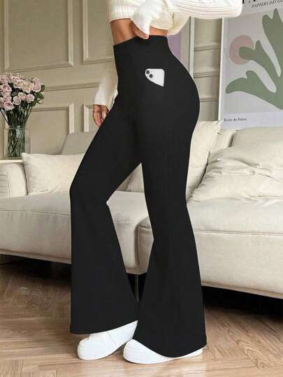 Women's High Waist Solid Color Flared Pants With Side Pockets Suitable For Daily Casual Sports Yoga Pants Compression Tights Running Fitness Pants