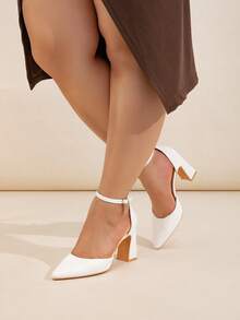 Plus Size Women's Pointed Toe Thick Heel Pumps, Black Suede, Rhinestoned Strap Buckle Closure, Versatile - White - View 6