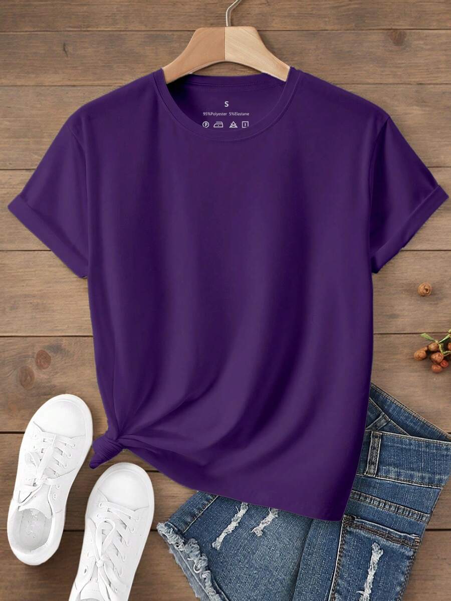 Women's Pure White Short Sleeve T-Shirt, Women's Casual Round Neck Comfortable Sports T-Shirt, Women's Top, Spring/Summer Clothing, Holiday Gift, Women's Summer Short Sleeve T-Shirt - Purple - View 1