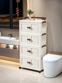 1pc 45cm/17.71inch Wide Folding Storage Cabinet With Magnetic Double Doors & Wheels, Large Capacity Organizer For Clothes, Quilts, And More - Perfect For Home, Bathroom, Office, Or Holiday Gifts, Bathroom Organizer | Rustic Finish Cabinet | Durable Organizer, Closet Organizers And Storage, Under-Bed Storage - Beige - View 2