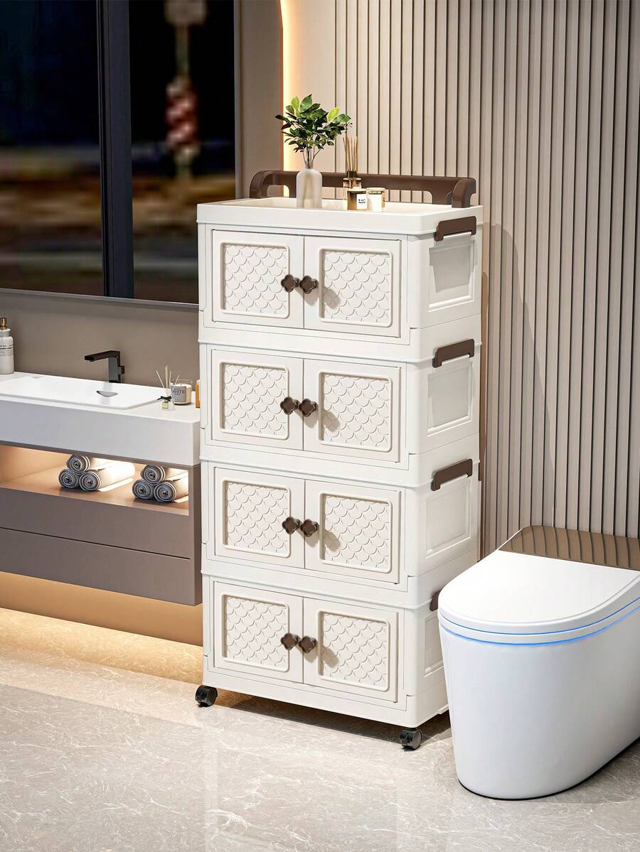 1pc 45cm/17.71inch Wide Folding Storage Cabinet With Magnetic Double Doors & Wheels, Large Capacity Organizer For Clothes, Quilts, And More - Perfect For Home, Bathroom, Office, Or Holiday Gifts, Bathroom Organizer | Rustic Finish Cabinet | Durable Organizer, Closet Organizers And Storage, Under-Bed Storage