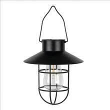 1 Stück Solar betriebene Retro Wolfrram Lampe Laterne, Vintage Stil Pendelleuchte mit schwarzem Metallrahmen und klarem Glas, hochwertig für Garten, Hof, Balkon und Outdoor Dekoration