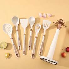 7 pièces d'ustensiles de cuisine en silicone antiadhésif, incluant un support de rangement, un set de cuisine avec spatule et cuillère à motif diamant, un coffret cadeau, incluant spatule, cuillère, et ustensile à spaghettis