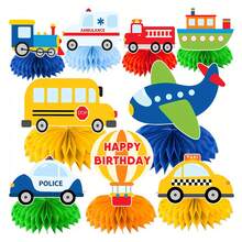 9pcs, Transportation Party Decorations, Transportation Birthday Decorations Honeycomb Ornament, For Living Room Table Decoration - Designed For Hosting Memorable Transportation Birthday Party Celebrations. - Yellow - View 1