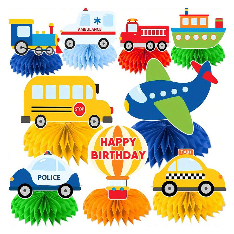 9pcs, Transportation Party Decorations, Transportation Birthday Decorations Honeycomb Ornament, For Living Room Table Decoration - Designed For Hosting Memorable Transportation Birthday Party Celebrations. - Yellow - View 1