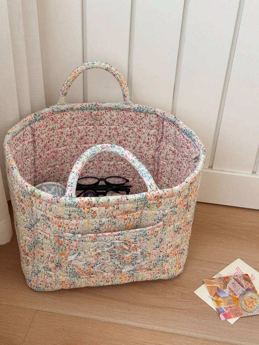 Floral Clothing Storage Bag, Cute Cotton Basket Decoration Printed Empty Basket Storage Bag, Storage Bathroom Laundry Towels, Toys, Baby Clothes