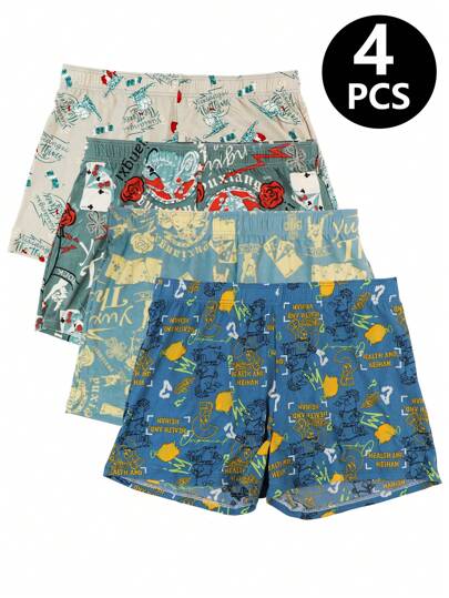 4pcs Men's Printed Boxers, Fashion Casual Loose Fit Soft & Stretchy Underwear Shorts