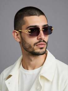 1 Pair Metal PC Frameless Leopard Head Fashion Glasses, Metal Fashion Asymmetrical Hollow Leg Fashion Glasses, Unisex High-End Makeup-Free Glasses - Gold - View 3