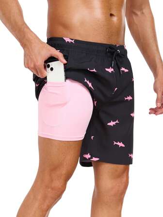 New Style Men's Shorts Workout 2 In 1 Men Black Polyester Swim Trunks With Compression Liner 5" Stretch Beach Sports Shorts Quick Dry With Pockets No-Chafing Board Shorts VG552-7