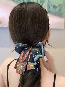 1pc Retro Floral Braided Headband, Women High-End Chiffon Bowknot Elastic Hair Hoop, Female Satin Printed Hairband With Tassel Design,Hairband,Hair Hoop Headbands