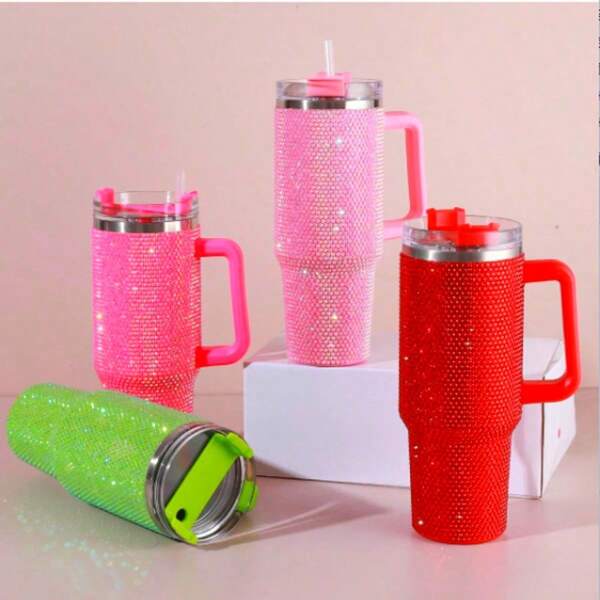 40oz Stainless Steel Diamond Shiny Vacuum Travel Tumbler With Handle, Lid And Straw, Suitable For Car, Travel, Birthday Gift, New Year Gift For Friends, Valentine's Day Gift For Boyfriend/Girlfriend, Comes With Cup Brush
