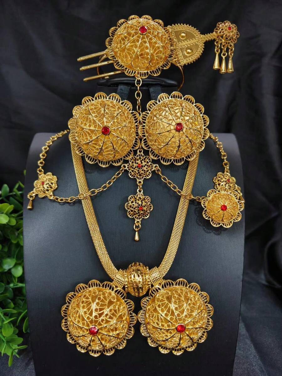 6pcs Women Fashion Middle East Dubai Bridal Jewelry Set, Necklace, Earrings, Bracelet, Ring, For Wedding, Party, Gift, Valentine's Day - Yellow Gold - View 1