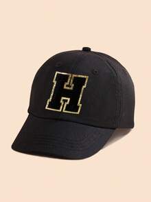 1 pieza Gorra de béisbol negra sólida con decoración de letras para niños/niñas de 1 a 5 años, gorra Snapback clásica para niños para el uso diario casual en primavera y verano - Negro - Ver 12