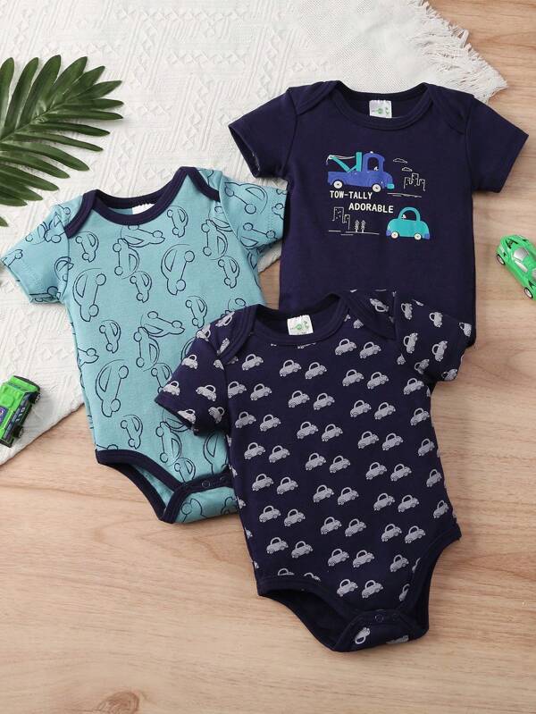 Conjunto de 3 peças de macacão estampado de carro para bebês meninos verão