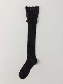1 par de medias altas elegantes de tela de punto, medias transparentes con encaje sobre la rodilla para mujeres, adecuadas para botas, medias altas de compresión de media pierna con rayas verticales de tejido de punto