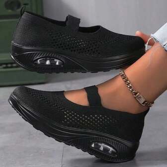 Zapatos deportivos casuales para mujer con cuña de aire transpirable y ligero, tipo Mary Jane de princesa, de estilo slip-on, cómodos y versátiles, de unicolor