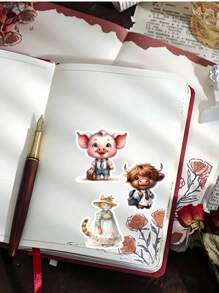 18 pièces Autocollants en papier mignons de personnages d'école d'animaux, chat orange avec une jupe. Idéal pour la décoration de livres, d'ordinateurs portables et de scrapbooking DIY