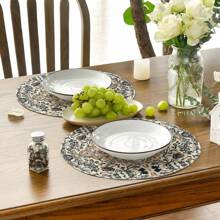 Boho Round Placemat 4 Pieces, 15-Inch Seasonal Everyday Green Flowers Boho Table Mat For Party Kitchen Dining Room Decoration