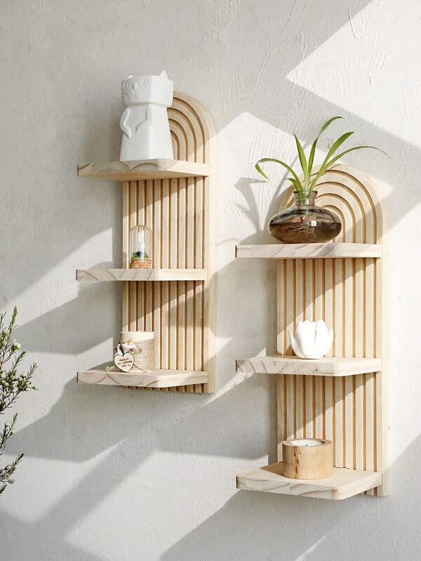 1pc Wooden Boho Style Wave Pattern Wall Shelf Rack Hanging Storage Organizer Display Stand, Fits For Candles, Decorations, Home Decor