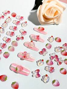 25pcs/Bag Aurora Strawberry Rabbit Nail Decoration DIY, Cute Cartoon Pink Bow Printed Three-Dimensional Rabbit Ear Nail Accessory, Flat Back Easy To Stick, Japanese And Korean Simple And Fashionable Women's Nail Art Product, Suitable For Coffin Nails, Long Nails, Oval Nails, Square Nails, Almond Nail Art, Phone Case Decoration, Handicraft Design