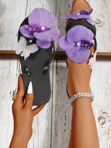 女士夏季新款蝴蝶兰花人字拖沙滩凉鞋休闲度假平底拖鞋