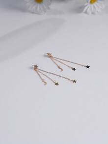 1 对精致优雅星星月亮流行长流苏耳环耳线吊坠女 - 金黃色 - 查看 7