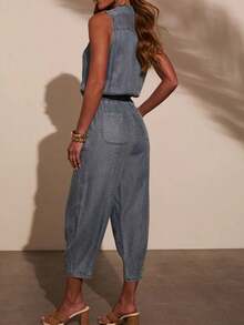 Women's Denim Rompers Summer Solid Lapel V Neck Sleeveless Loose Drawstring Jumpsuit - Blue - View 3