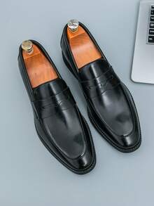 2025 Summer Men Slip-On Loafers, Casual Leather Shoes, Driving Moccasins, British Style Formal Dress Oxfords - Black - View 5