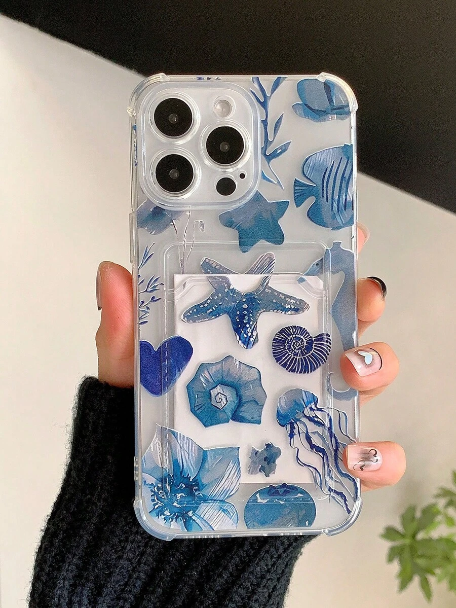Custodia per telefono a prova di caduta, resistente all'acqua e ai graffi, con elementi marini come cavalluccio marino e tartaruga, adatta per Apple iPhone 16 Pro Max/11/12/13/14 Plus/15 Pro, con scomparti per carte di credito - Multicolore - Visualizzare 1