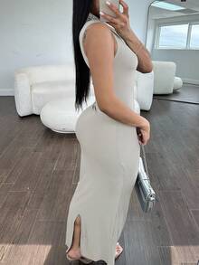 Women's Turtleneck Sleeveless Bodycon Split Hem Dress, Versatile For All Seasons - Light Grey - View 2