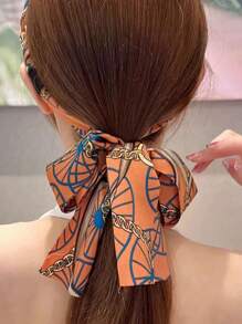 1pc Retro Floral Braided Headband, Women High-End Chiffon Bowknot Elastic Hair Hoop, Female Satin Printed Hairband With Tassel Design,Hairband,Hair Hoop Headbands