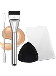 4pcs Foundation Tools: Foundation Brush, Foundation Palette, Foundation Sponge, Base Makeup Tools, Base Makeup Set. The Color Mixing Palette Has A Smooth, Bright, Clean, Easy-To-Clean Texture, With Dull Edges, No Rust, And No Deformation. It Can Be Quickly Cleaned With A Wet Wipe Or Water And Can Be Over And Over Again. The Material Is . Suitable For Mixing Foundation, Eyeshadow, Mascara, Lipstick And Nail Polish, Suitable For Both Professionals And Non-Professionals. 1pc/2pcs/3pcs/4pcs