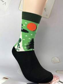 2 Pairs Assorted Alien & Spaceship Series Mid-Calf Socks, Comfortable Fashionable Versatile Fabric For Spring/Summer, Fall