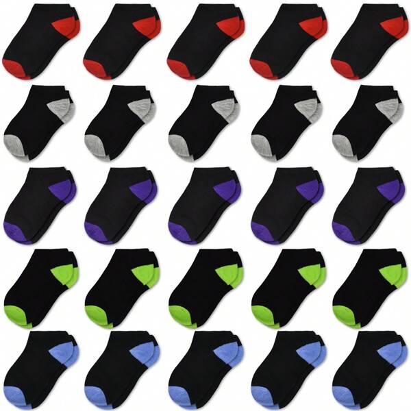 Ankle Socks - 25 Pairs Colorblock Stitching Ankle Socks For Ages 1-14, Baby Socks, Kids Socks, Boys Socks, Girls Socks, Toddler Socks, Suitable For Outdoor Sports, Daily Wear, High Polyester Content, Comfortable And Breathable In Summer