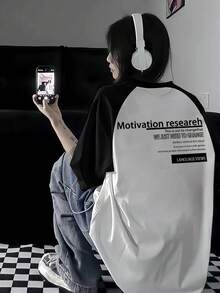 日式棉质休闲圆领拼色卡通印花短袖T恤，百搭春夏女式上衣 - 黑與白 - 查看 4