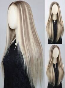 SALLYWELL Parrucca frontale senza colla con radice scura, parrucca frontale in pizzo biondo da 7x5 pollici, parrucca frontale in pizzo lunga dritta sintetica sfumata marrone mista da 66 cm con riga centrale profonda di 12,7 cm per donna